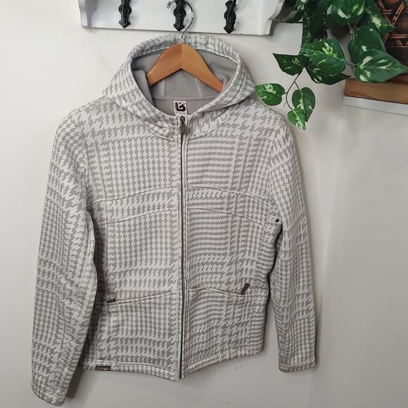 Burton Full Zip Fleece Lined Hoodie in Gray/White Houndstooth Plaid Size Medium - Picture 1 of 9